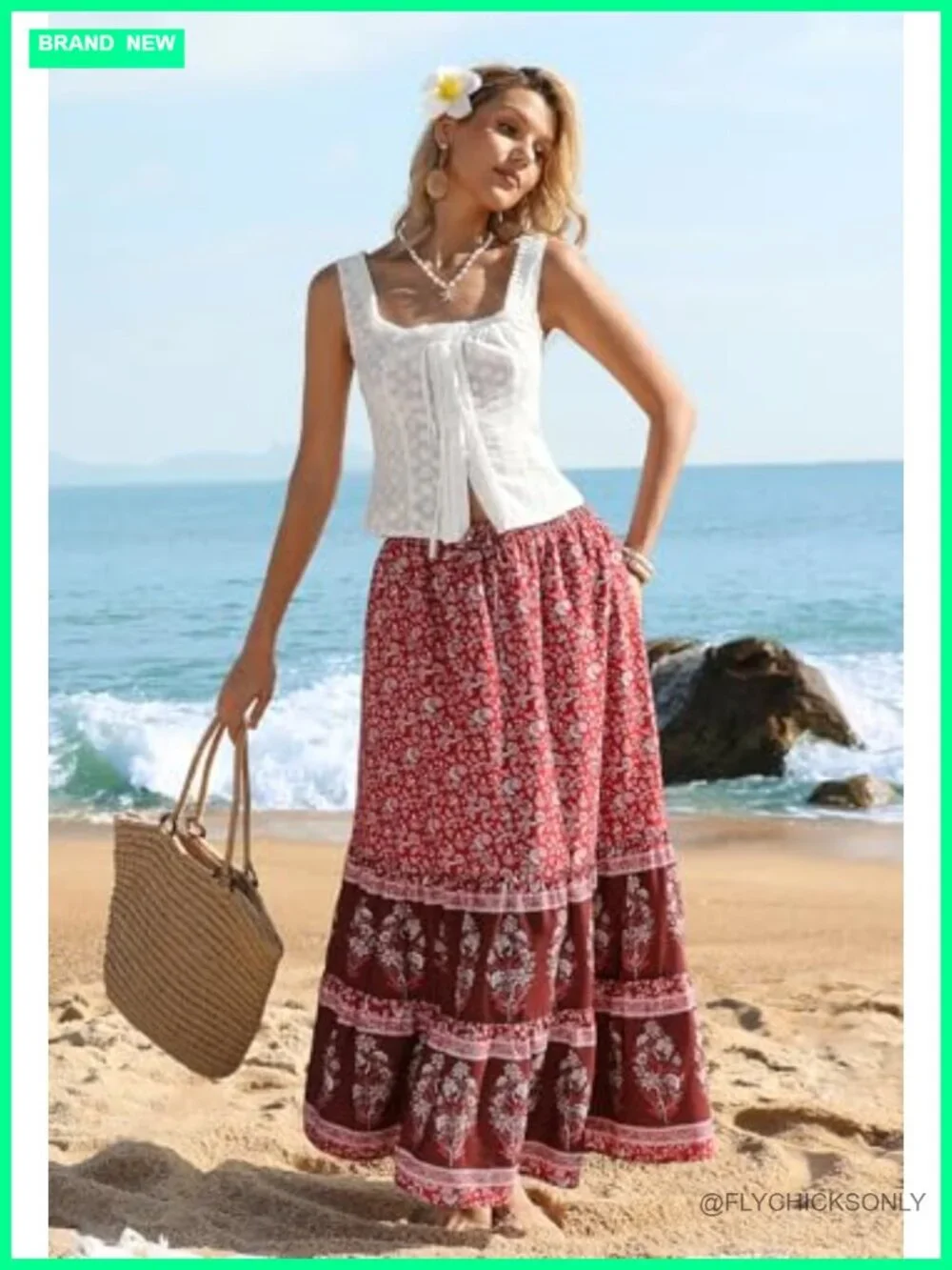 Floral A-Line Maxi Skirt with Pockets, Elastic Waist